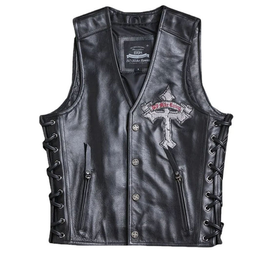 Skull Embroidered Biker Leather Vest