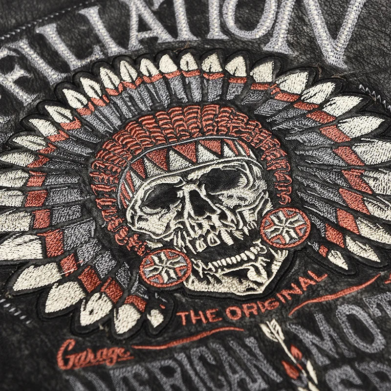 Vintage Embroidery Skull Leather Jacket