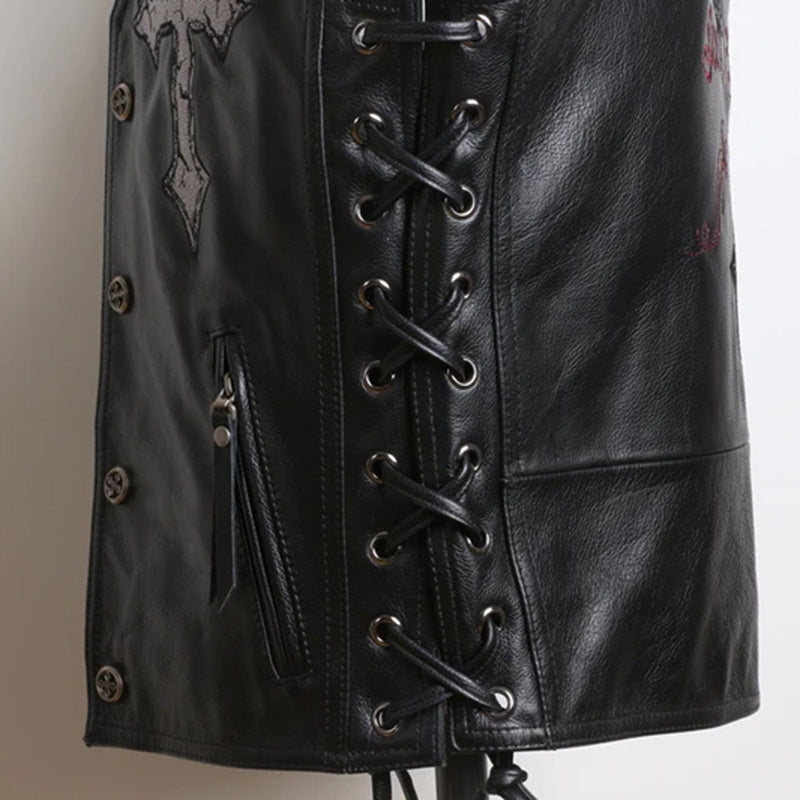 Skull Embroidered Biker Leather Vest