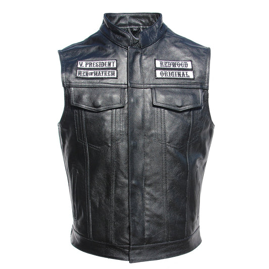 Men's Leather Motorcycle Vest with Embroidered Design